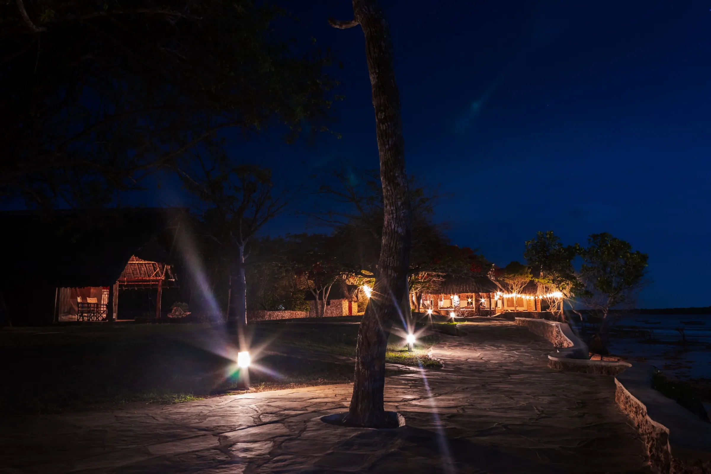 The lodge glowing at night
