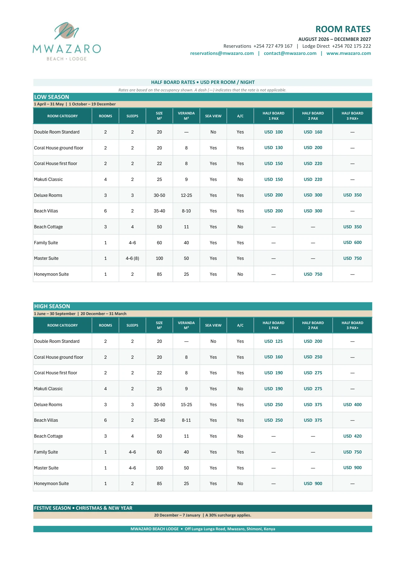 Mwazaro Beach Lodge room rates — half board, low and high season, August 2026 to December 2027