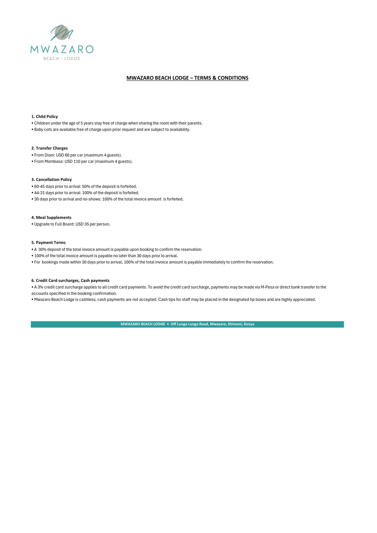 Mwazaro Beach Lodge terms and conditions — child policy, transfers, cancellation, payment