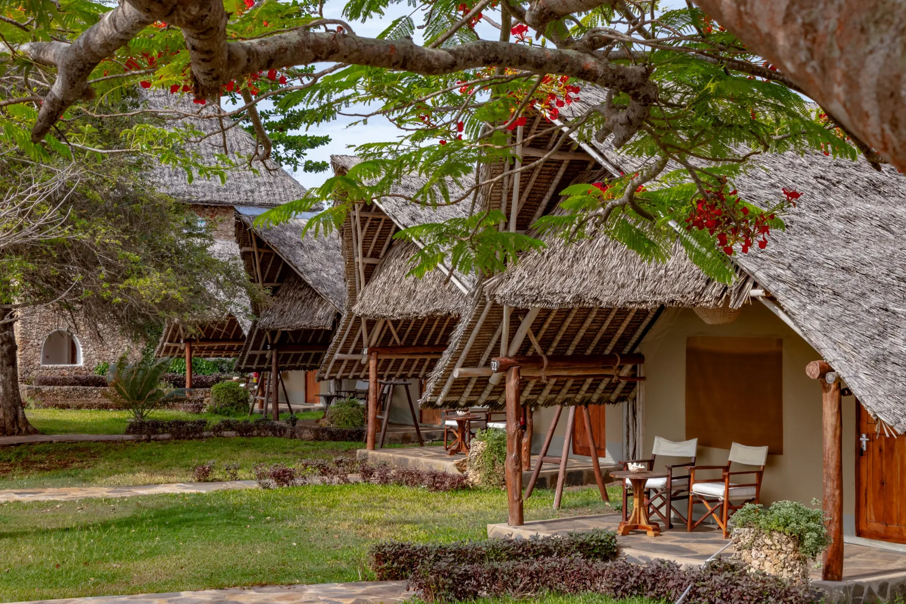 Makuti bungalow at dusk
